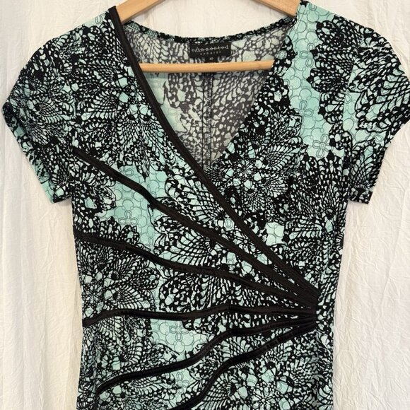 Connected Apparel Aqua/Teal Blue & Black Boho Midi Dress Size 4 Petite - Picture 3 of 7